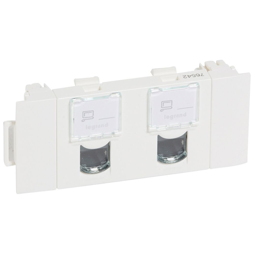 Double prise RJ45 catégorie 5e FTP spéciale goulotte Mosaic à clippage direct 3 modules – blanc