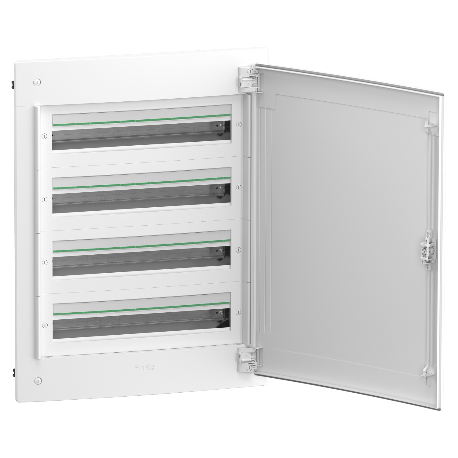 PrismaSeT XS, encastré, 4 x 24 modules, 1 terre + 1 bornier neutre, porte blanche unie