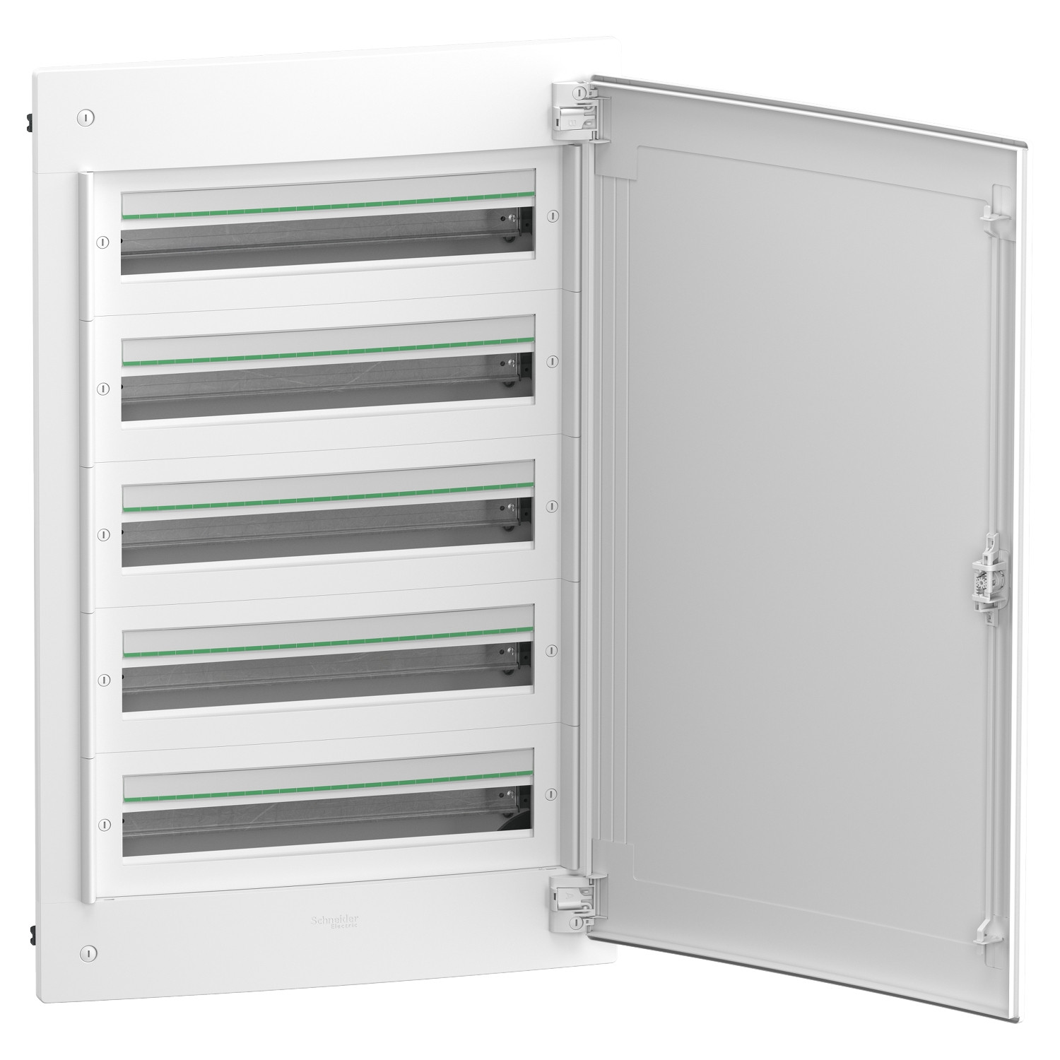 PrismaSeT XS, encastré, 5 x 24 modules, 1 terre + 1 bornier neutre, porte blanche unie