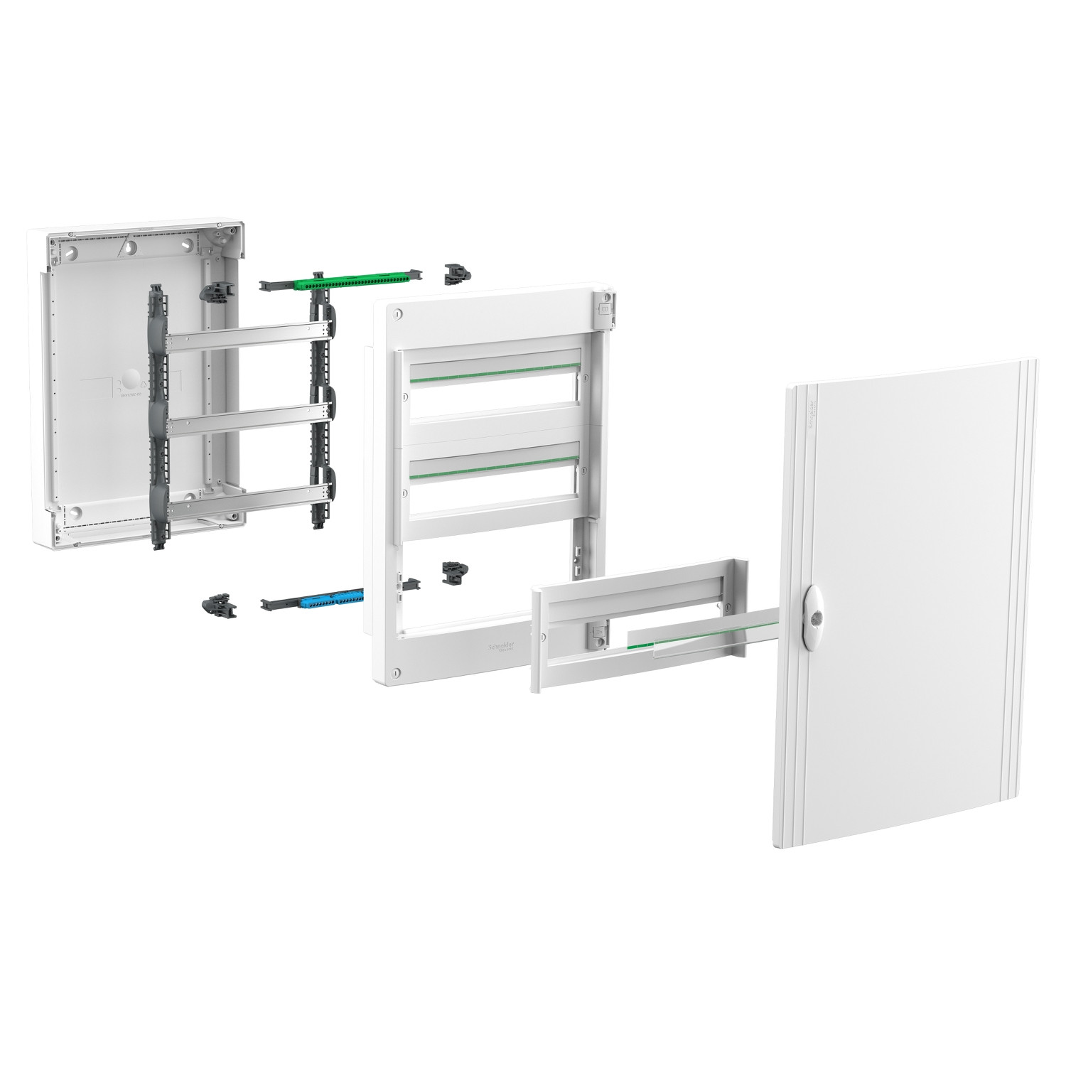 PrismaSeT XS, surface, 1 x 18 modules, 1 terre + 1 bornier neutre, porte blanche unie