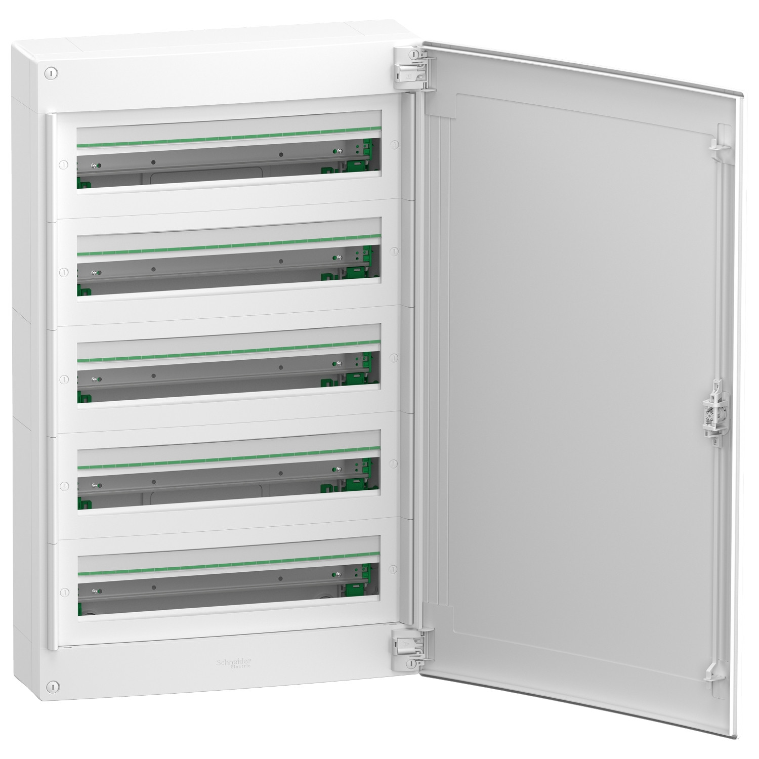 PrismaSeT XS, surface, 5 x 24 modules, 1 terre + 1 bornier neutre, porte blanche unie