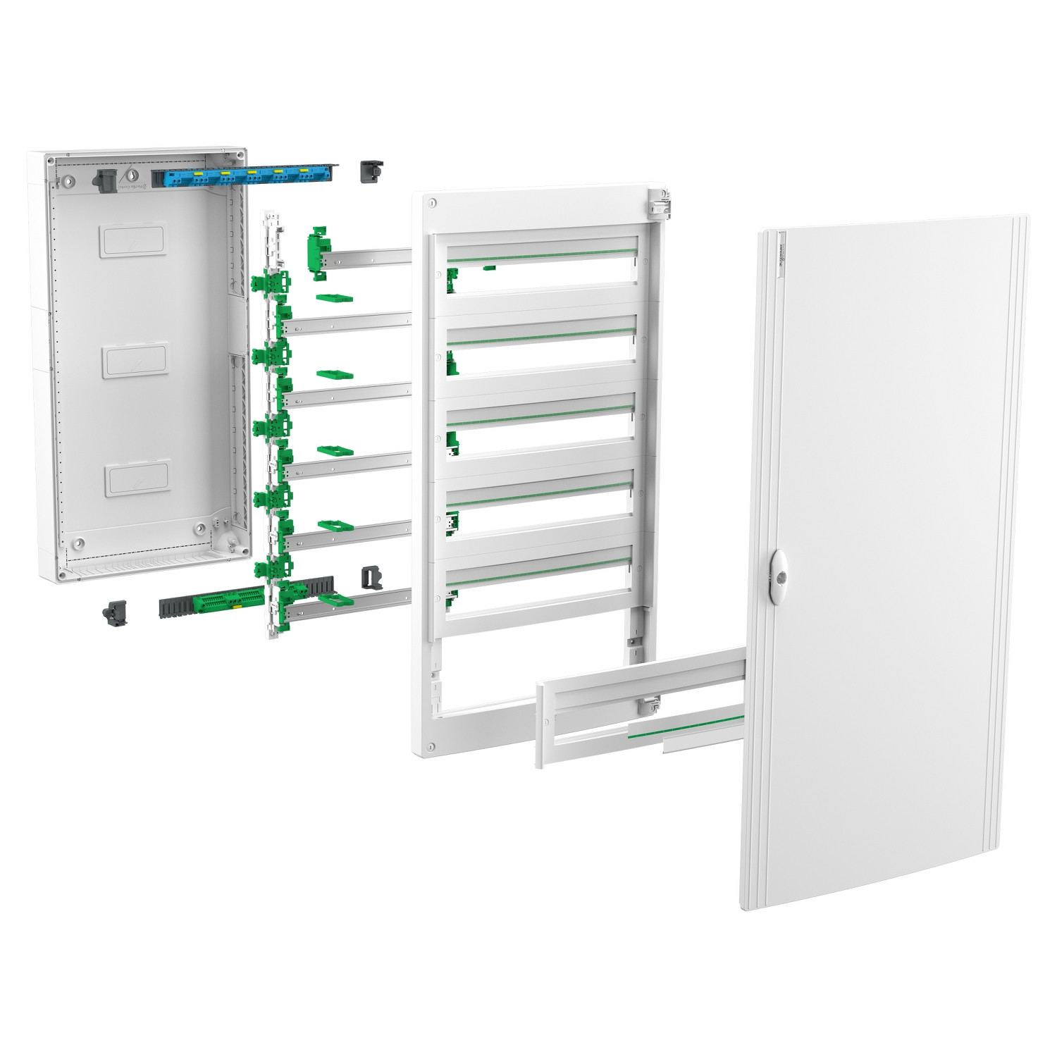 PrismaSeT XS, surface, 5 x 24 modules, 1 terre + 1 bornier neutre, porte blanche unie